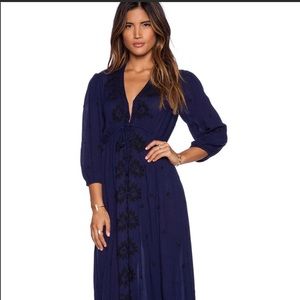 Free people Embroidered Fable midi dress in deep navy combo
